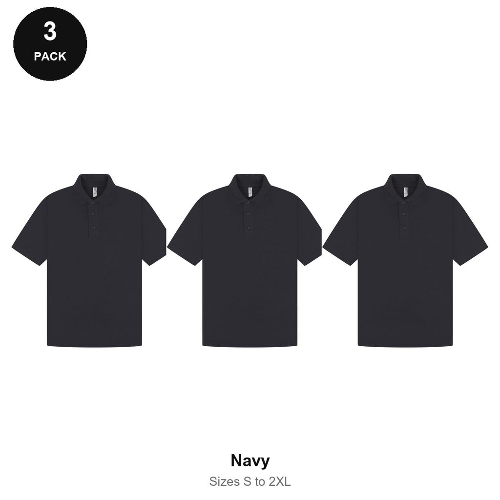 Mens Polo Shirts 3 Pack - 65% polyester / 35% cotton pique 200gsm, Sizes S-2XL - Navy