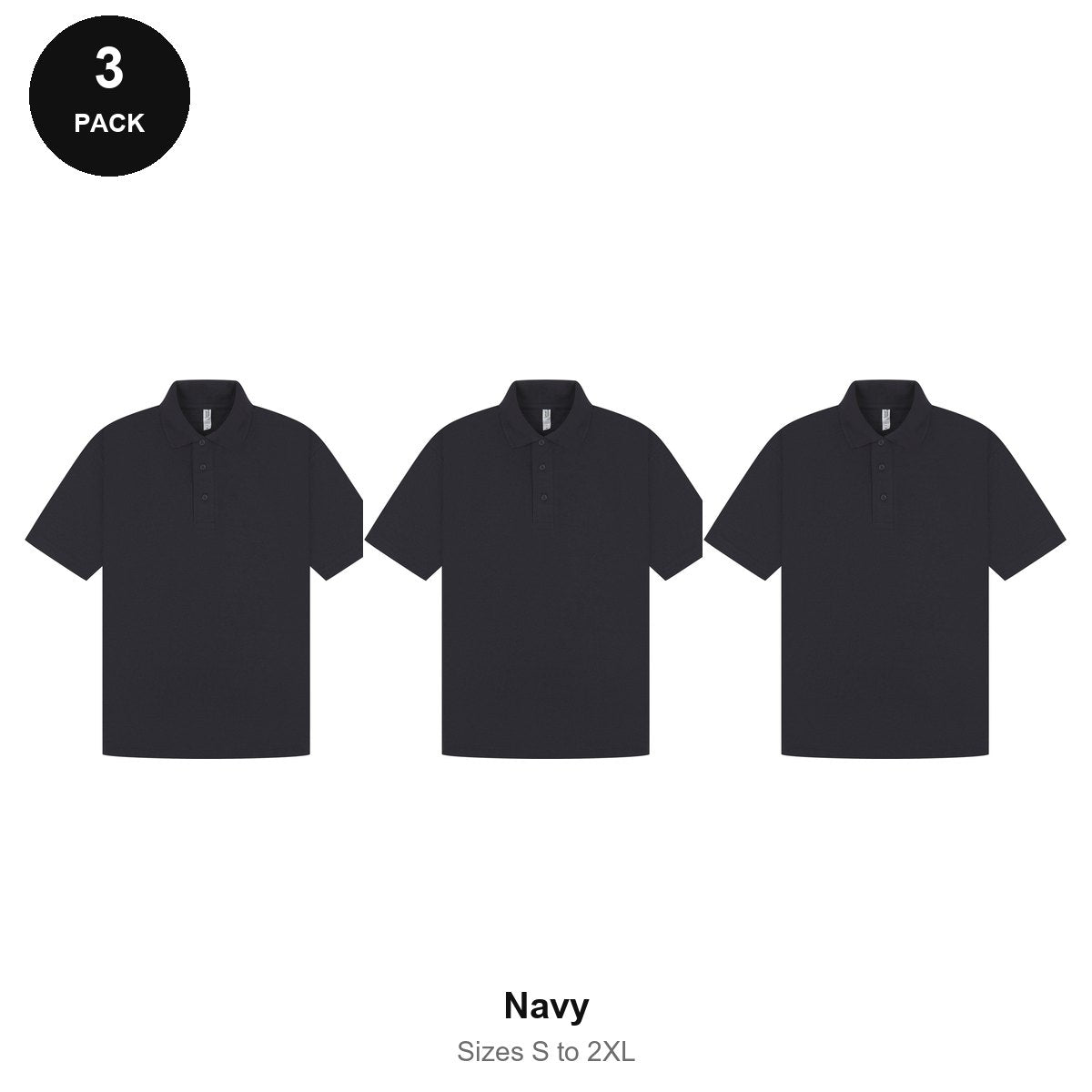 Mens Polo Shirts 3 Pack - 65% polyester / 35% cotton pique 200gsm, Sizes S-2XL - Navy