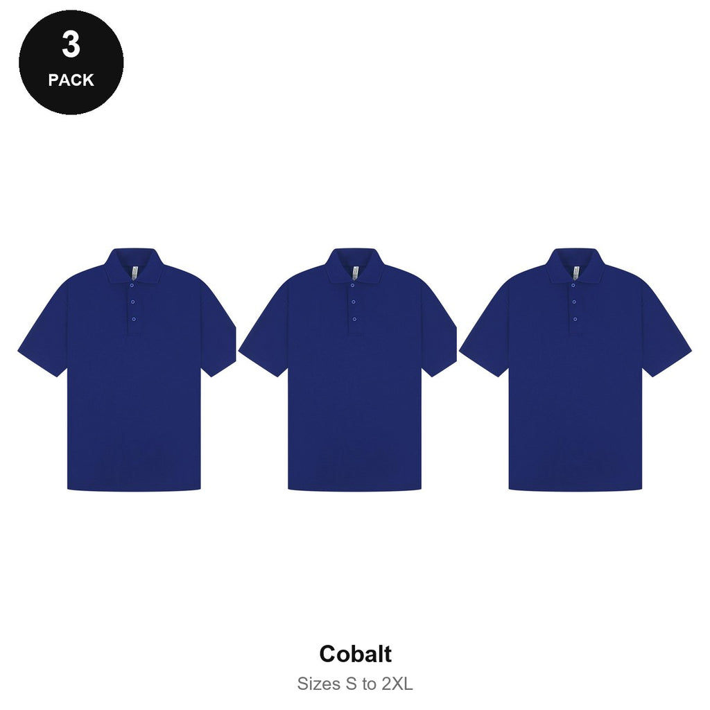 Mens Polo Shirts 3 Pack - 65% polyester / 35% cotton pique 200gsm, Sizes S-2XL - Cobalt