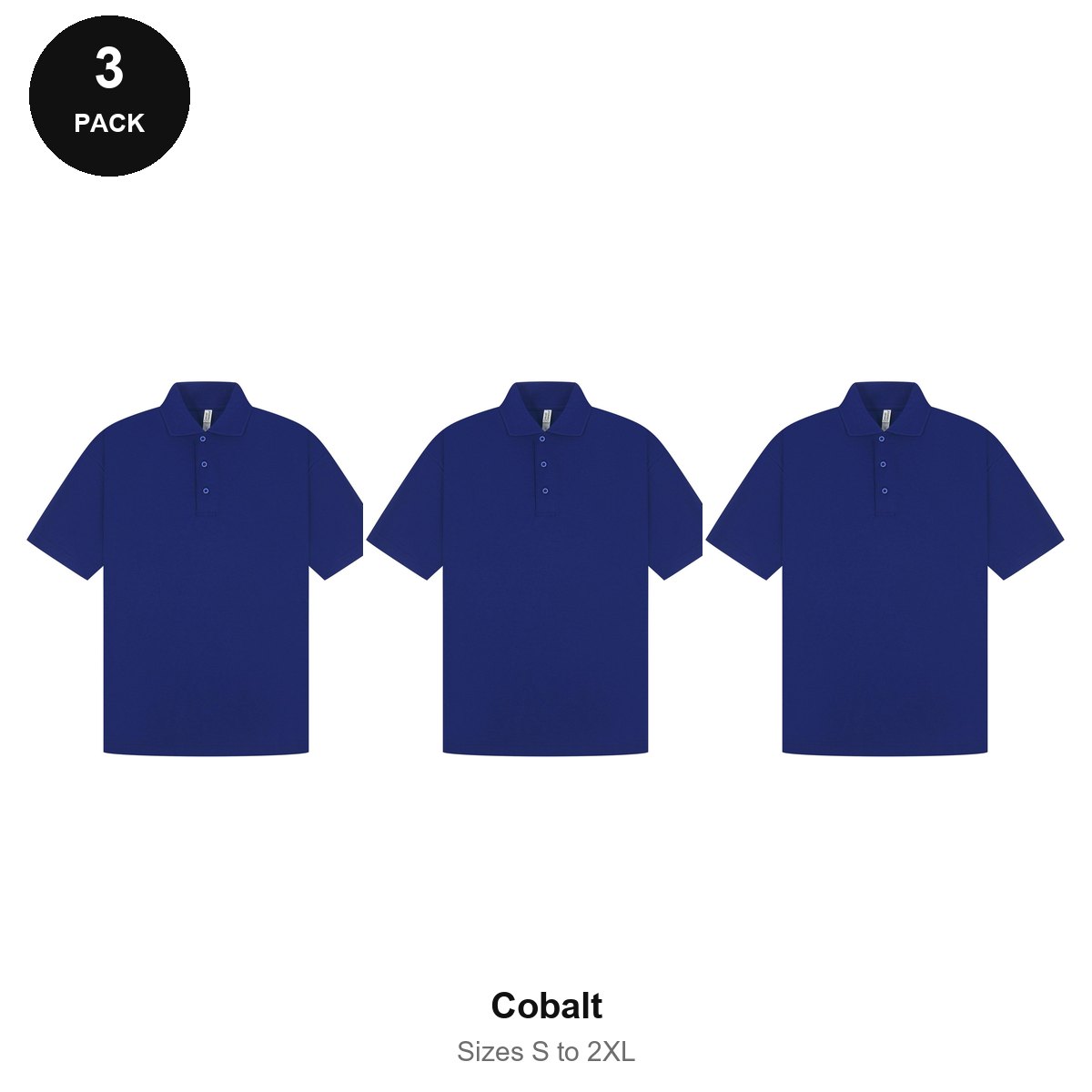 Mens Polo Shirts 3 Pack - 65% polyester / 35% cotton pique 200gsm, Sizes S-2XL - Cobalt