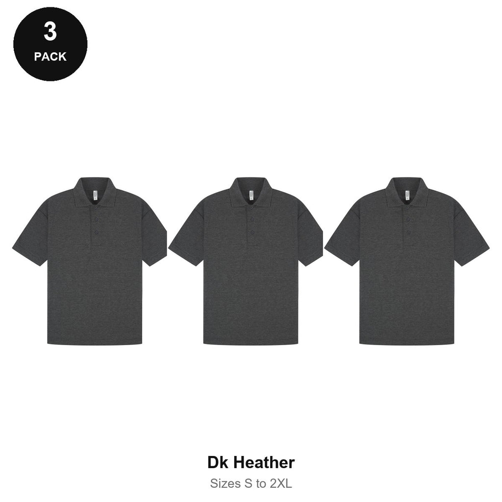 Mens Polo Shirts 3 Pack - 65% polyester / 35% cotton pique 200gsm, Sizes S-2XL - Dk Heather