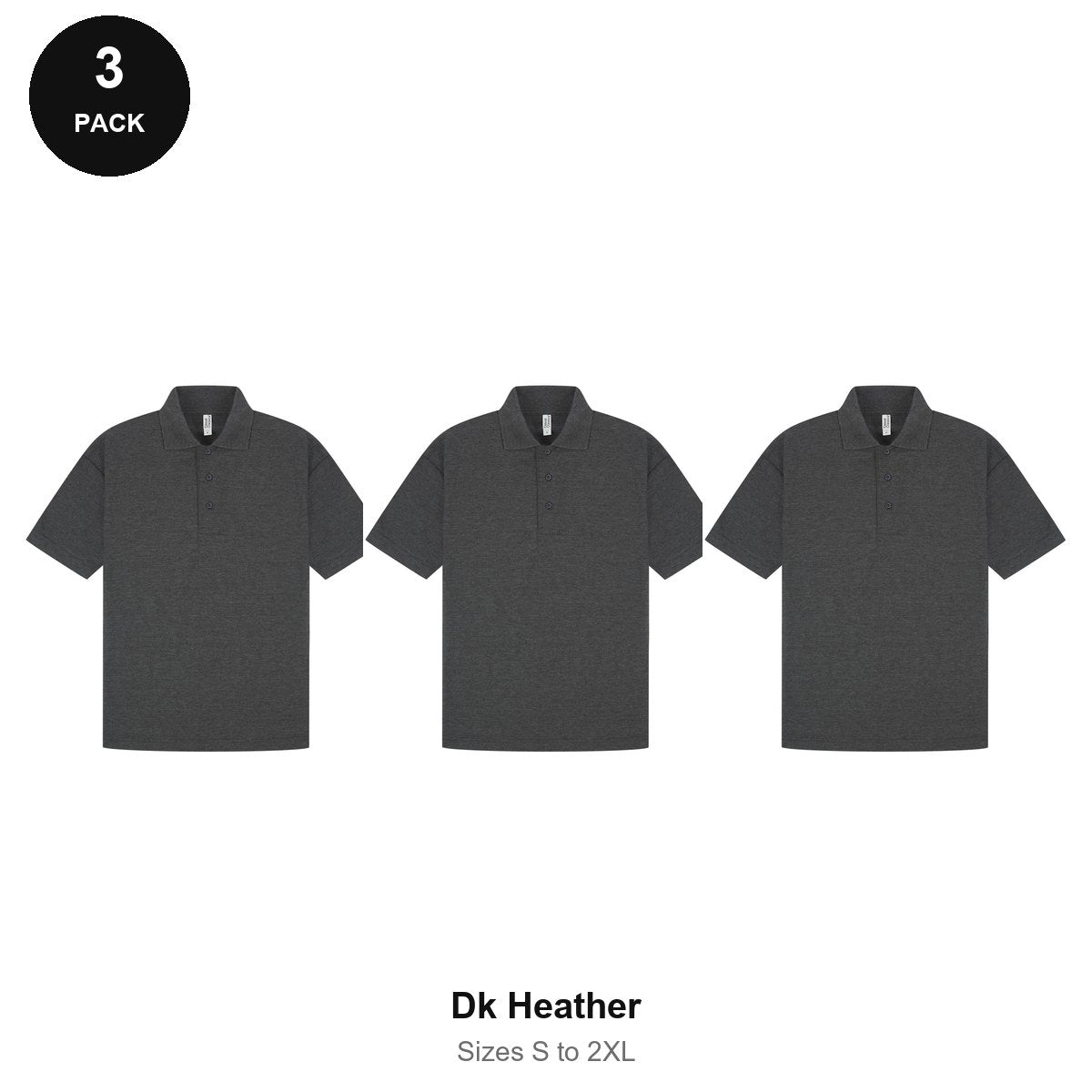 Mens Polo Shirts 3 Pack - 65% polyester / 35% cotton pique 200gsm, Sizes S-2XL - Dk Heather