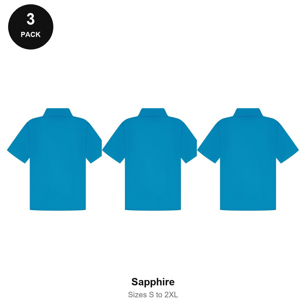 Mens Polo Shirts 3 Pack - 65% polyester / 35% cotton pique 200gsm, Sizes S-2XL - Sapphire