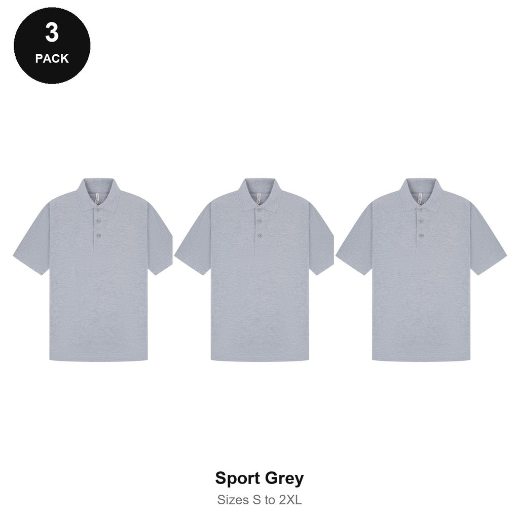 Mens Polo Shirts 3 Pack - 65% polyester / 35% cotton pique 200gsm, Sizes S-2XL - Sport Grey