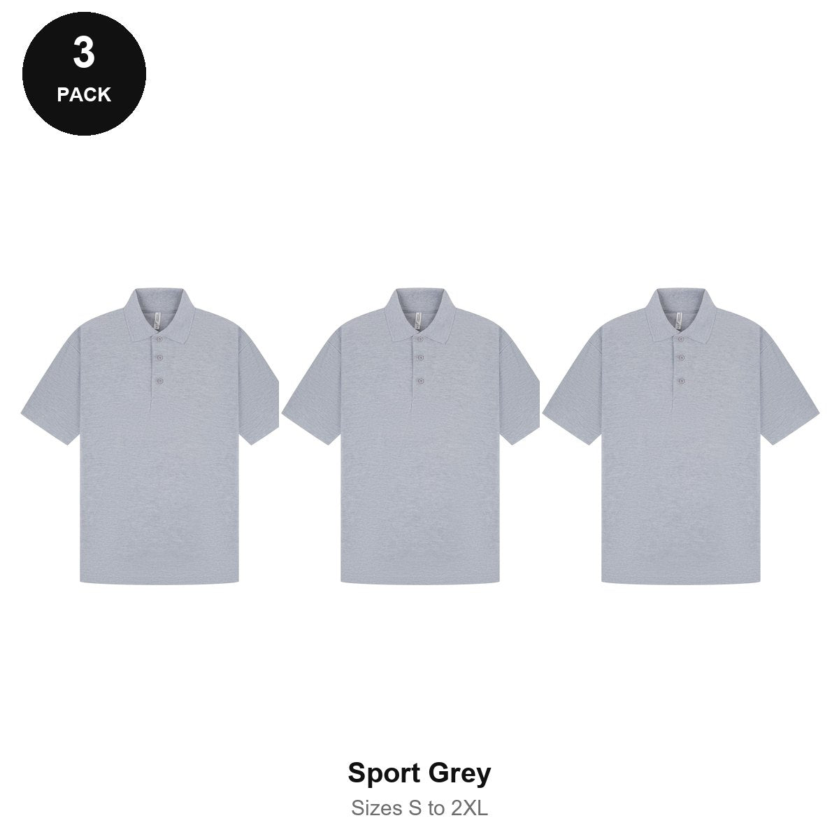 Mens Polo Shirts 3 Pack - 65% polyester / 35% cotton pique 200gsm, Sizes S-2XL - Sport Grey