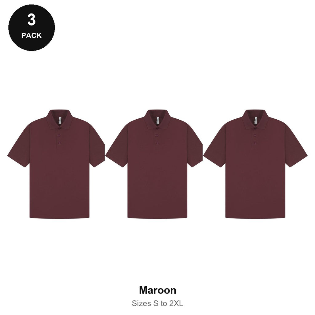 Mens Polo Shirts 3 Pack - 65% polyester / 35% cotton pique 200gsm, Sizes S-2XL - Maroon