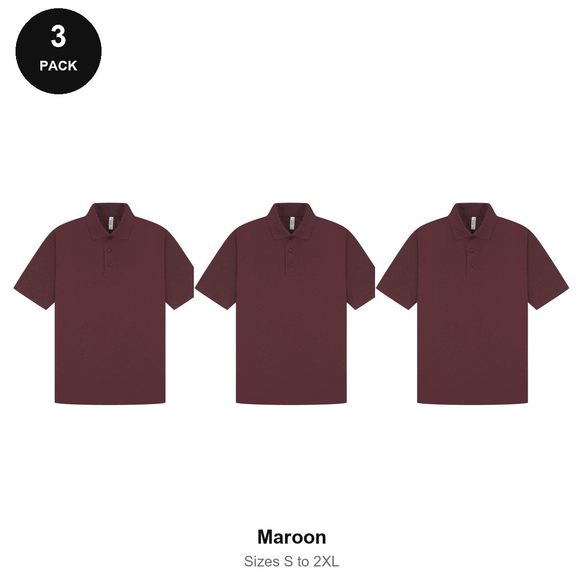 Mens Polo Shirts 3 Pack - 65% polyester / 35% cotton pique 200gsm, Sizes S-2XL - Maroon