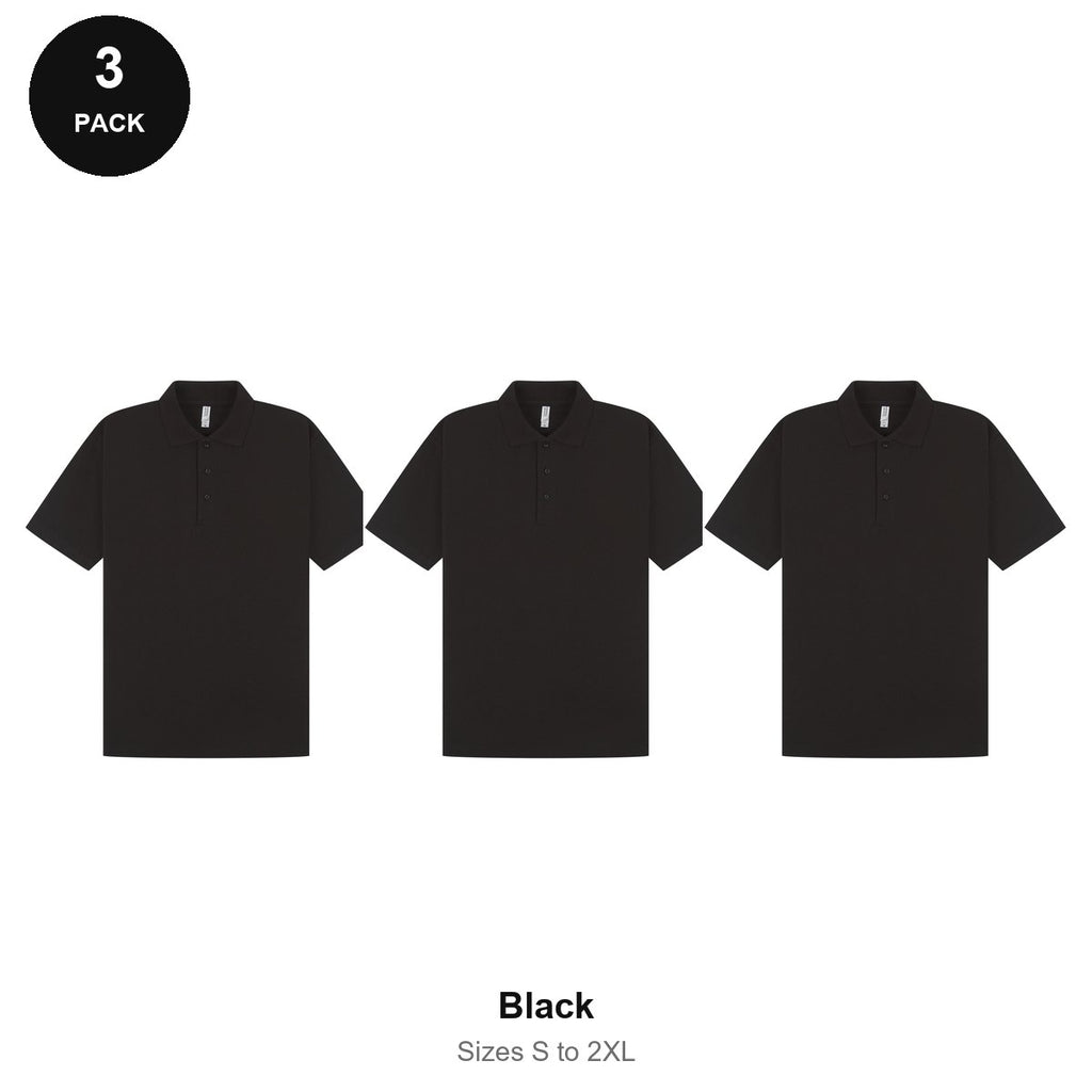 Mens Polo Shirts 3 Pack - 65% polyester / 35% cotton pique 200gsm, Sizes S-2XL - Black
