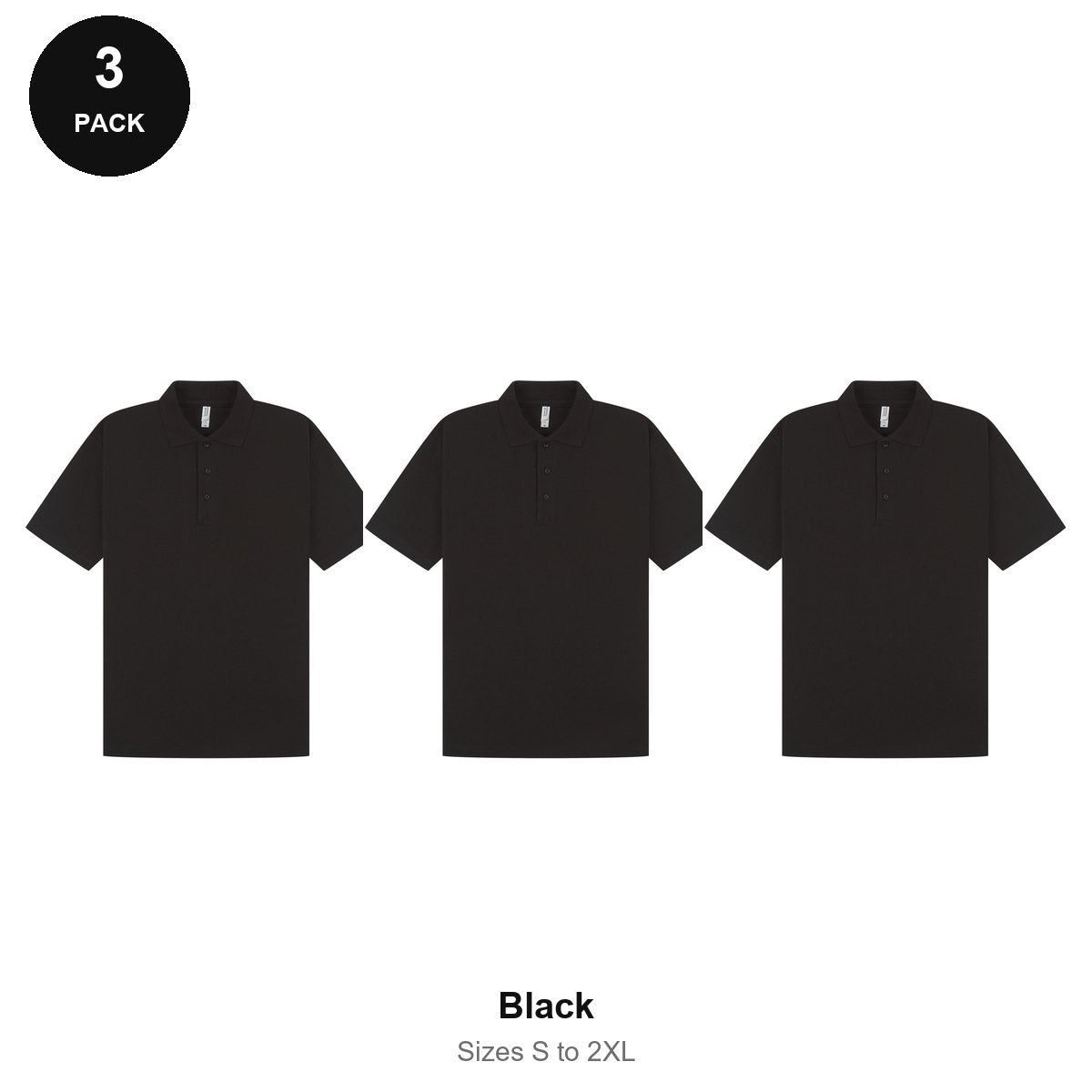 Mens Polo Shirts 3 Pack - 65% polyester / 35% cotton pique 200gsm, Sizes S-2XL - Black