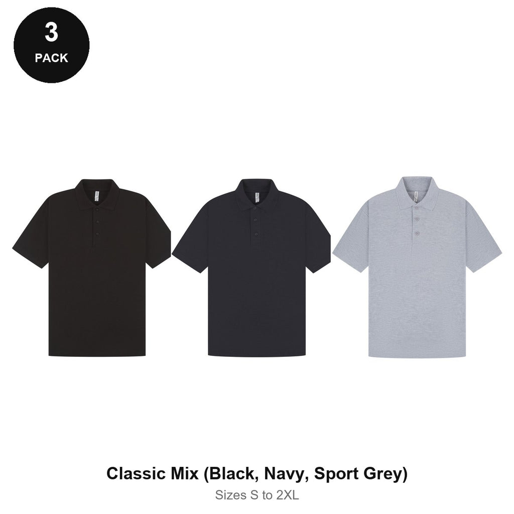 Mens Polo Shirts 3 Pack - 65% polyester / 35% cotton pique 200gsm, Sizes S-2XL - Classic Mix (Black, Navy, Sport Grey)