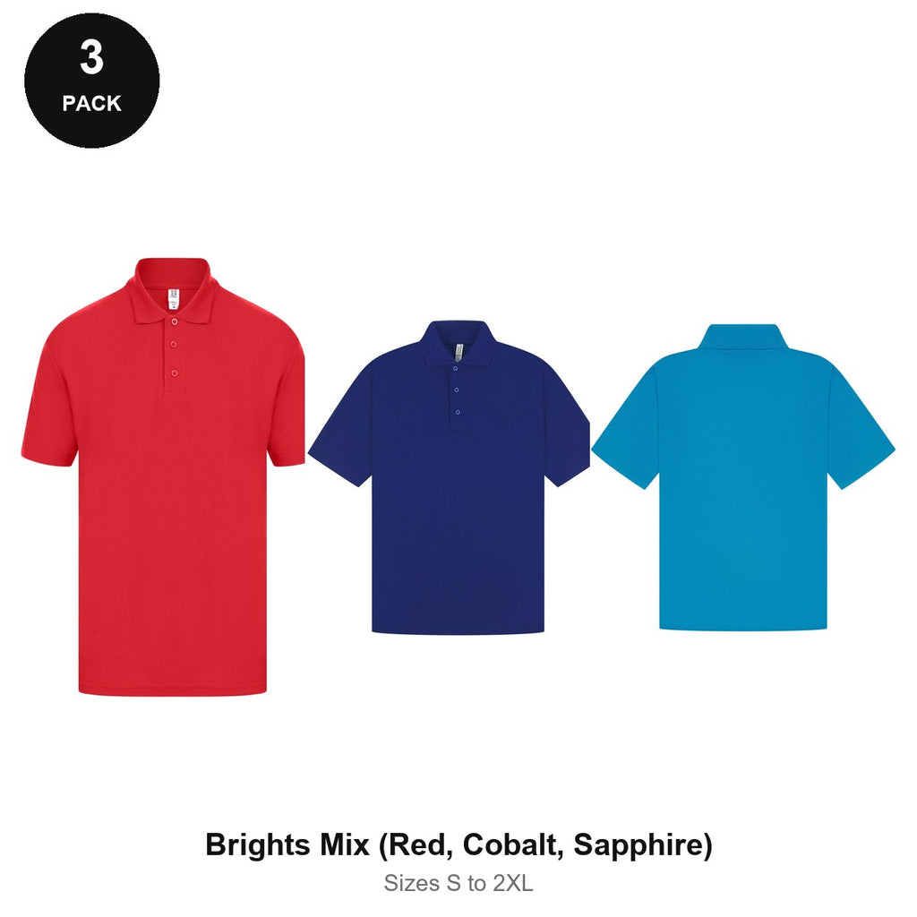 Mens Polo Shirts 3 Pack - 65% polyester / 35% cotton pique 200gsm, Sizes S-2XL - Brights Mix (Red, Cobalt, Sapphire)