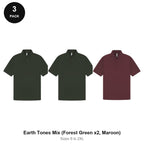 Mens Polo Shirts 3 Pack - 65% polyester / 35% cotton pique 200gsm, Sizes S-2XL - Earth Tones Mix (Forest Green x2, Maroon)