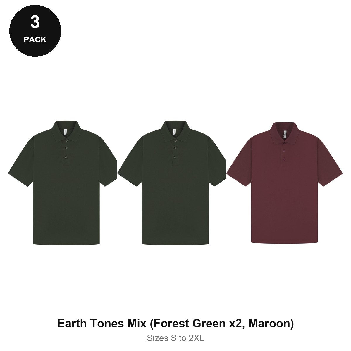 Mens Polo Shirts 3 Pack - 65% polyester / 35% cotton pique 200gsm, Sizes S-2XL - Earth Tones Mix (Forest Green x2, Maroon)