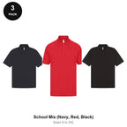 Mens Polo Shirts 3 Pack - 65% polyester / 35% cotton pique 200gsm, Sizes S-2XL - School Mix (Navy, Red, Black)