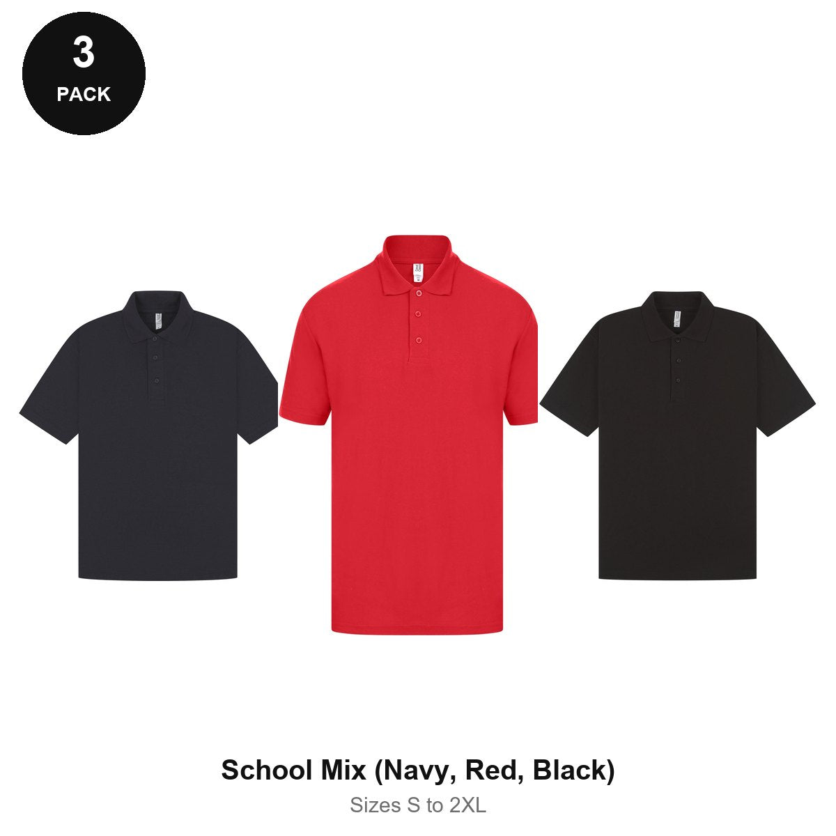 Mens Polo Shirts 3 Pack - 65% polyester / 35% cotton pique 200gsm, Sizes S-2XL - School Mix (Navy, Red, Black)