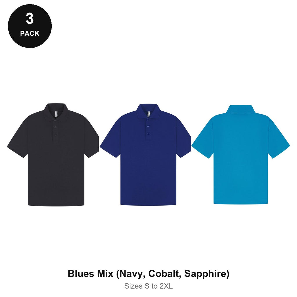 Mens Polo Shirts 3 Pack - 65% polyester / 35% cotton pique 200gsm, Sizes S-2XL - Blues Mix (Navy, Cobalt, Sapphire)