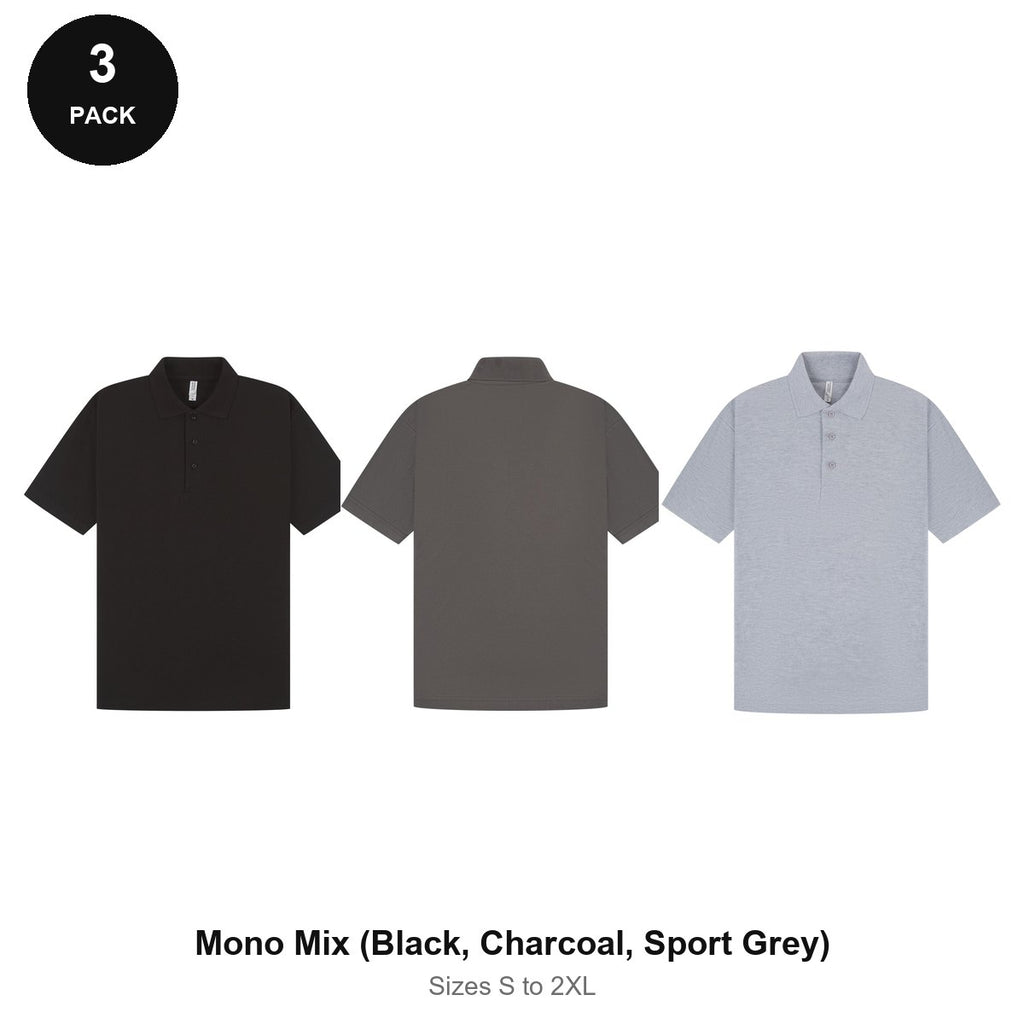 Mens Polo Shirts 3 Pack - 65% polyester / 35% cotton pique 200gsm, Sizes S-2XL - Mono Mix (Black, Charcoal, Sport Grey)