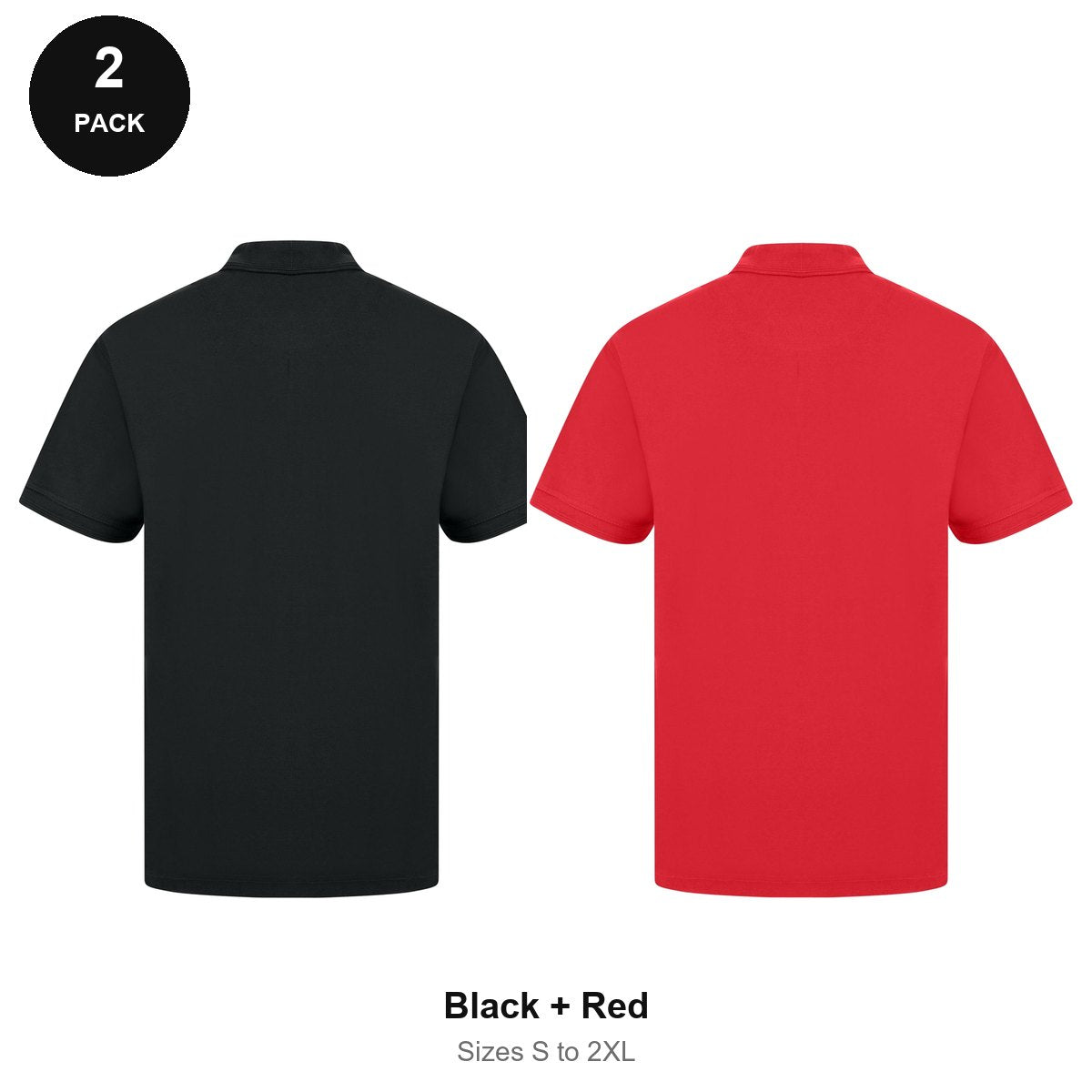 Work Polo Shirts 2 Pack - Cotton pique 240gsm, Sizes S-2XL, Workwear - Black + Red