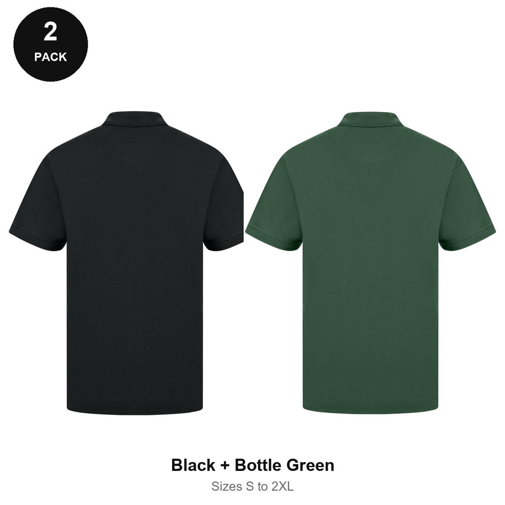 Work Polo Shirts 2 Pack - Cotton pique 240gsm, Sizes S-2XL, Workwear - Black + Bottle Green