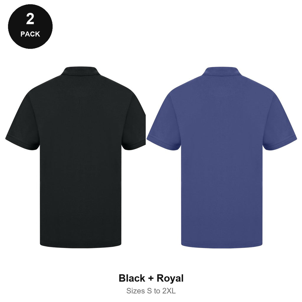 Work Polo Shirts 2 Pack - Cotton pique 240gsm, Sizes S-2XL, Workwear - Black + Royal