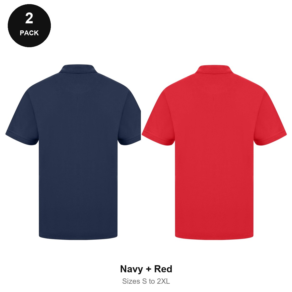 Work Polo Shirts 2 Pack - Cotton pique 240gsm, Sizes S-2XL, Workwear - Navy + Red