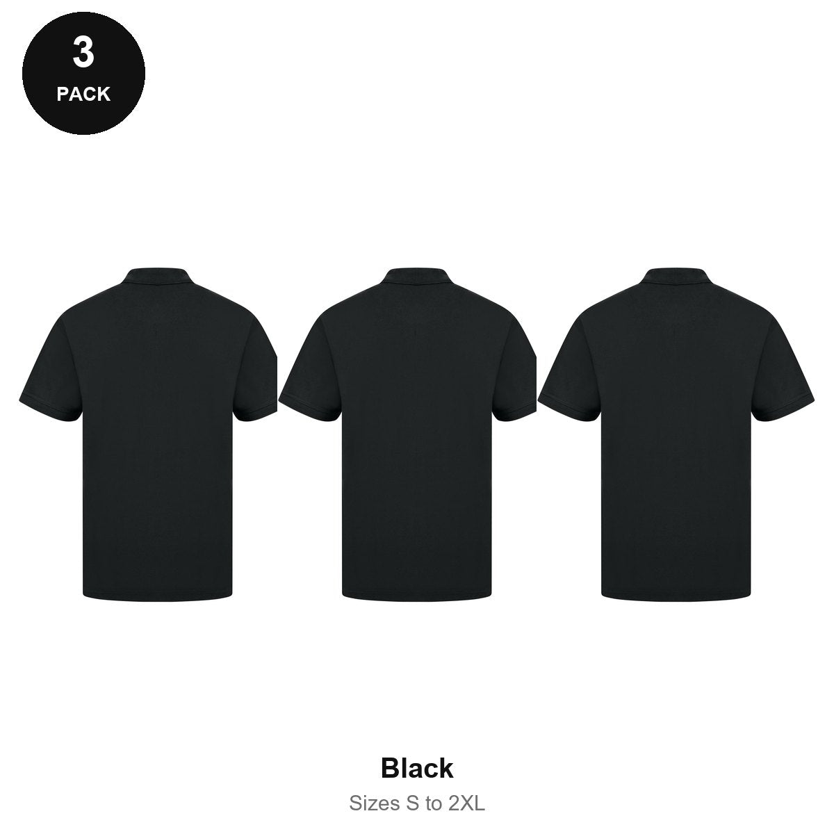 Work Polo Shirts 3 Pack - Cotton pique 240gsm, Sizes S-2XL, Workwear - Black