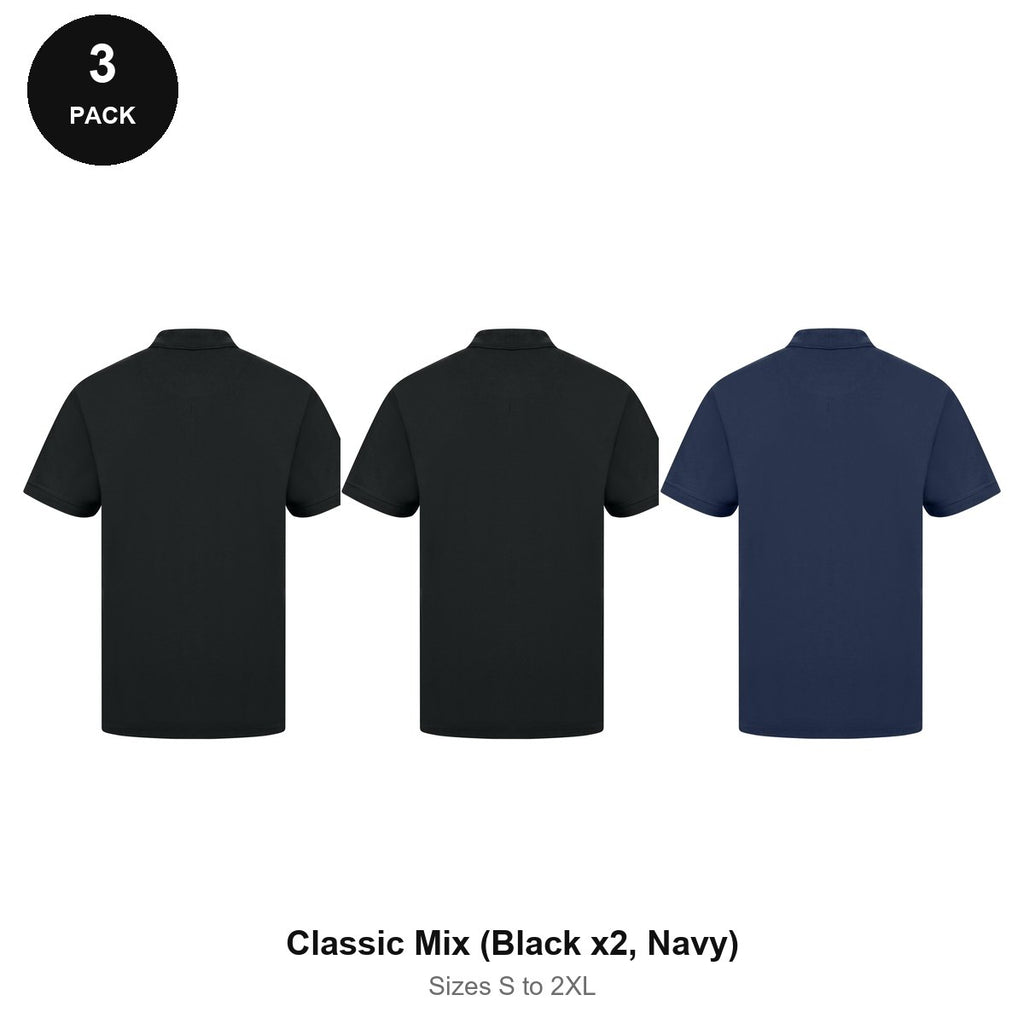 Work Polo Shirts 3 Pack - Cotton pique 240gsm, Sizes S-2XL, Workwear - Classic Mix (Black x2, Navy)