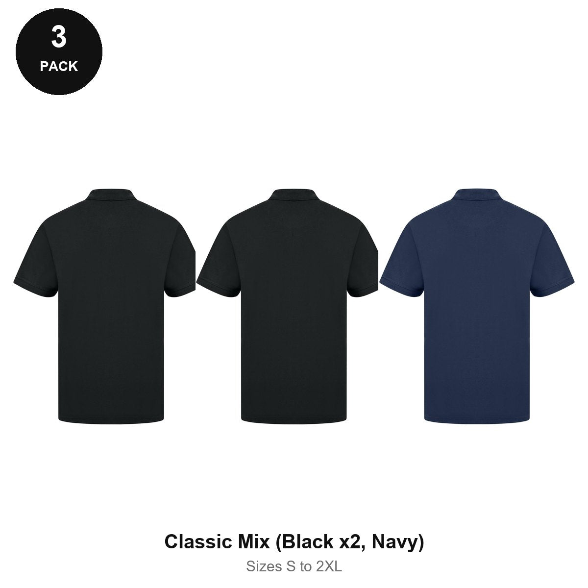 Work Polo Shirts 3 Pack - Cotton pique 240gsm, Sizes S-2XL, Workwear - Classic Mix (Black x2, Navy)