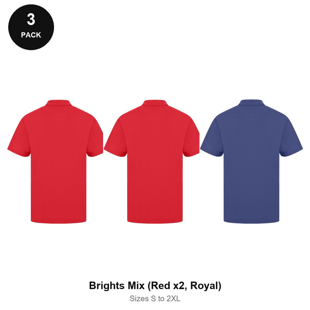 Work Polo Shirts 3 Pack - Cotton pique 240gsm, Sizes S-2XL, Workwear - Brights Mix (Red x2, Royal)