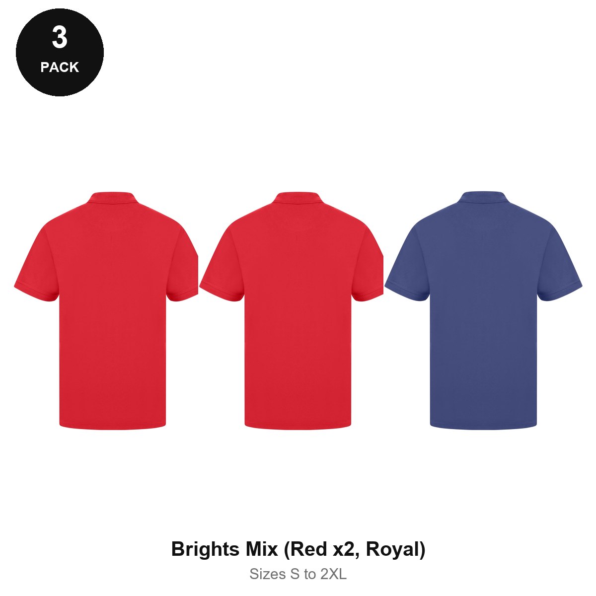 Work Polo Shirts 3 Pack - Cotton pique 240gsm, Sizes S-2XL, Workwear - Brights Mix (Red x2, Royal)