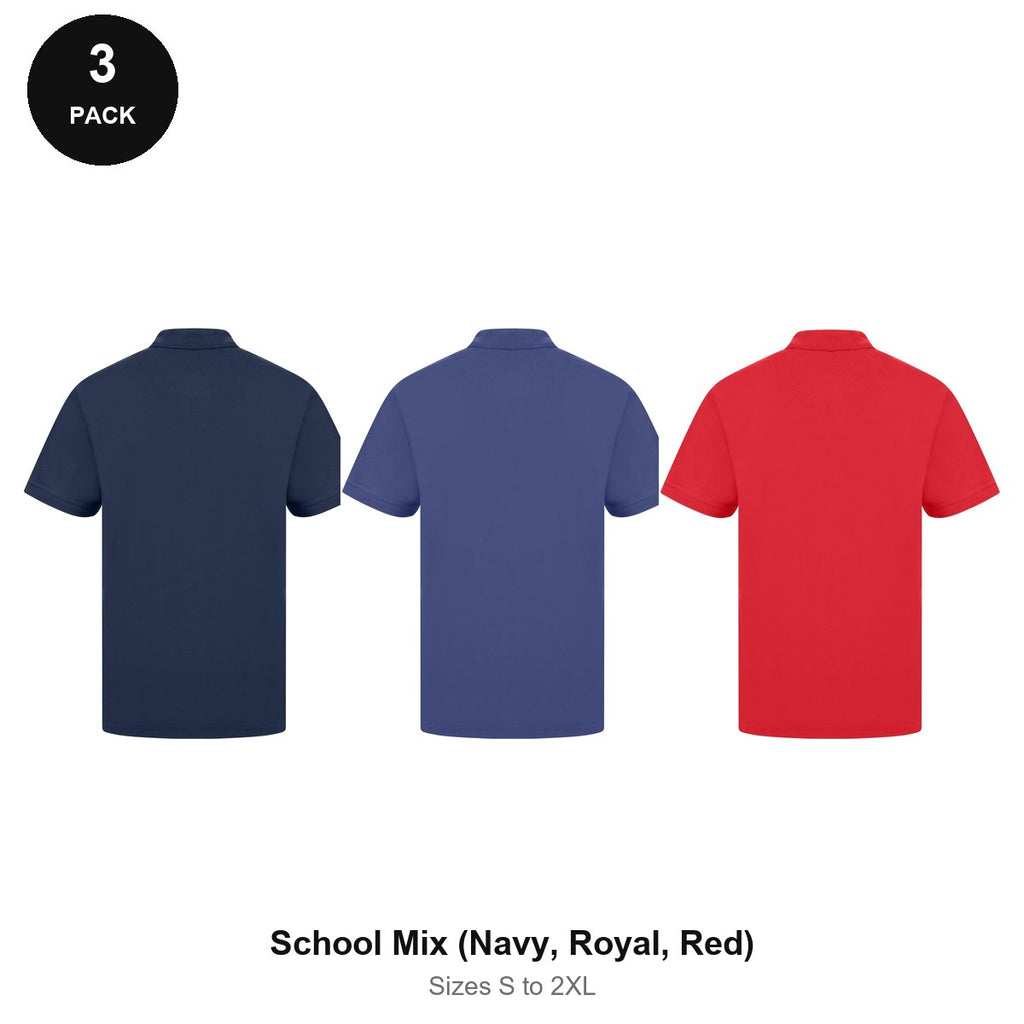 Work Polo Shirts 3 Pack - Cotton pique 240gsm, Sizes S-2XL, Workwear - School Mix (Navy, Royal, Red)