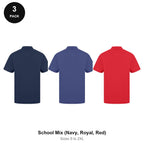 Work Polo Shirts 3 Pack - Cotton pique 240gsm, Sizes S-2XL, Workwear - School Mix (Navy, Royal, Red)