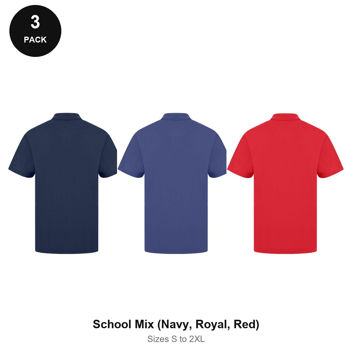 Work Polo Shirts 3 Pack - Cotton pique 240gsm, Sizes S-2XL, Workwear - School Mix (Navy, Royal, Red)