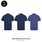 Work Polo Shirts 3 Pack - Cotton pique 240gsm, Sizes S-2XL, Workwear - Blues Mix (Navy x2, Royal)