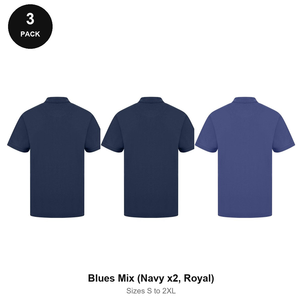 Work Polo Shirts 3 Pack - Cotton pique 240gsm, Sizes S-2XL, Workwear - Blues Mix (Navy x2, Royal)
