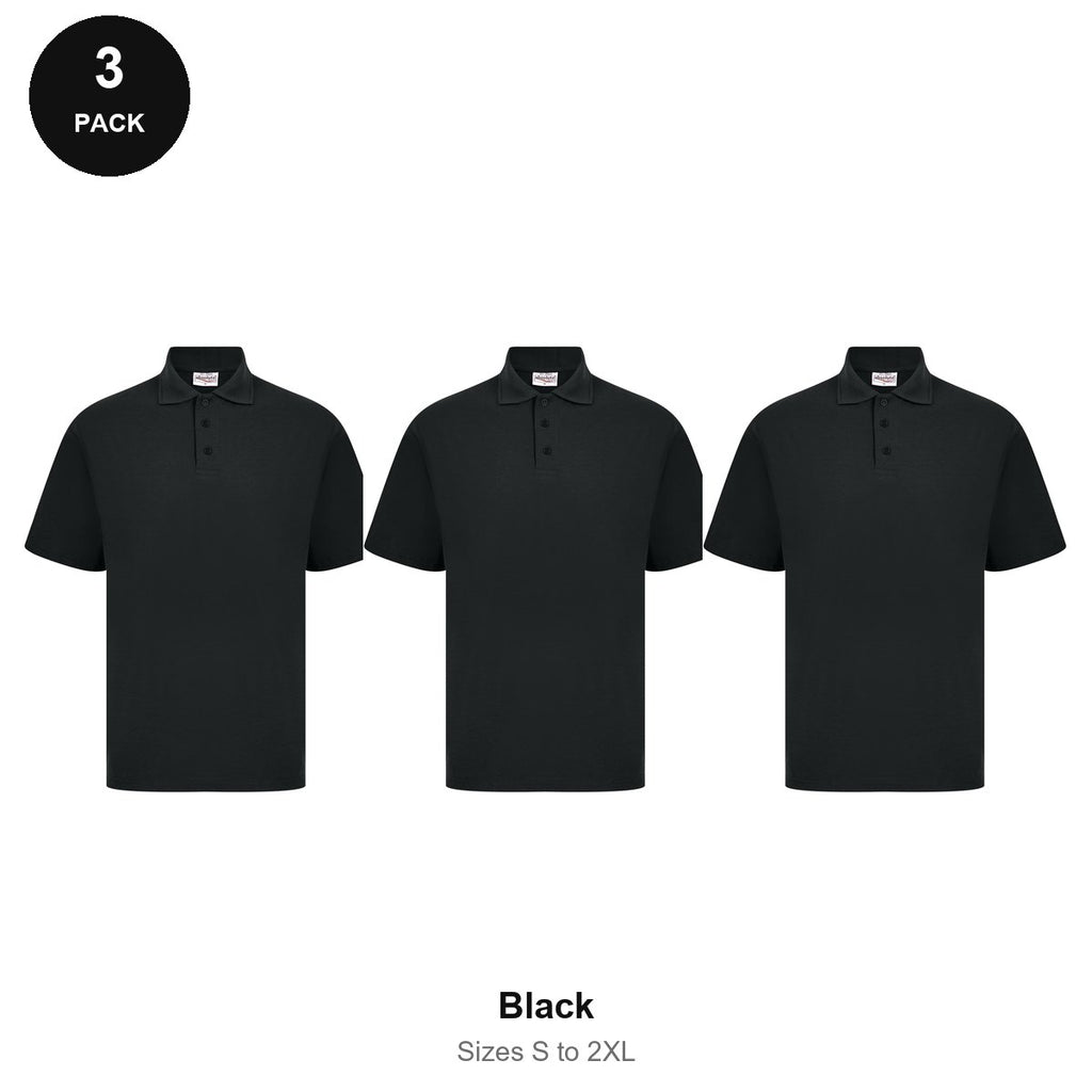 Polo Shirts 3 Pack - Cotton pique 200gsm, Sizes S-2XL - Black