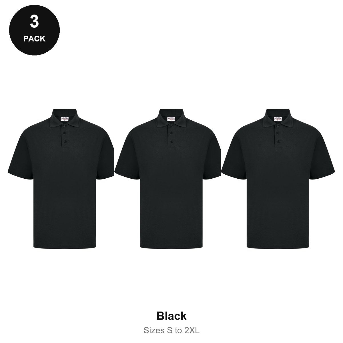 Polo Shirts 3 Pack - Cotton pique 200gsm, Sizes S-2XL - Black