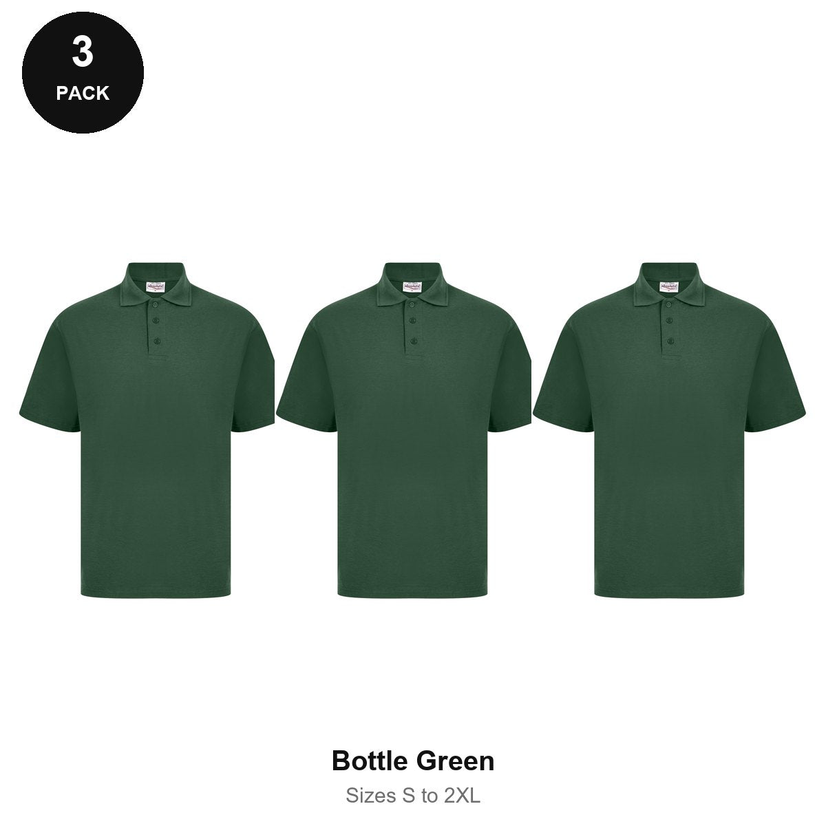 Polo Shirts 3 Pack - Cotton pique 200gsm, Sizes S-2XL - Bottle Green