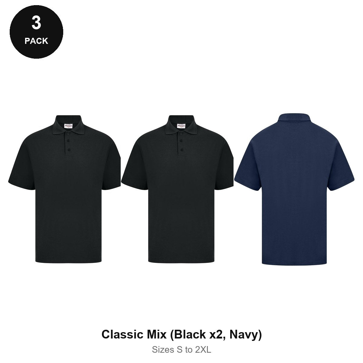 Polo Shirts 3 Pack - Cotton pique 200gsm, Sizes S-2XL - Classic Mix (Black x2, Navy)