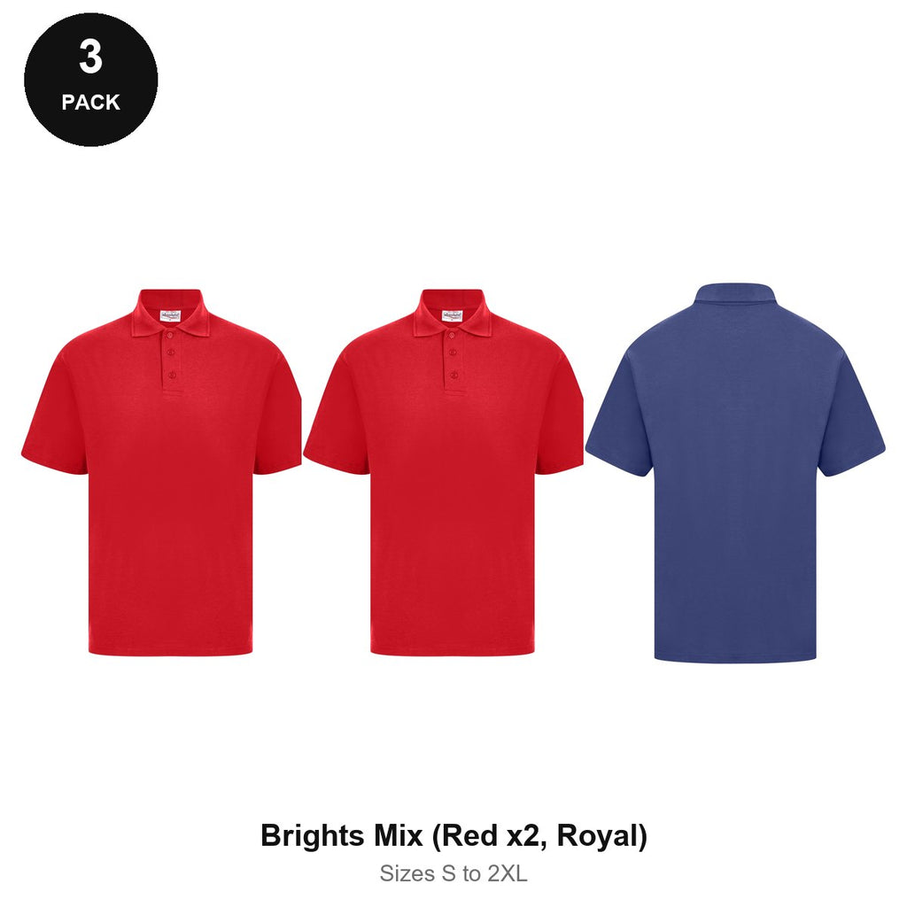 Polo Shirts 3 Pack - Cotton pique 200gsm, Sizes S-2XL - Brights Mix (Red x2, Royal)