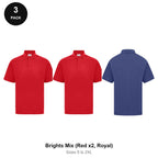 Polo Shirts 3 Pack - Cotton pique 200gsm, Sizes S-2XL - Brights Mix (Red x2, Royal)