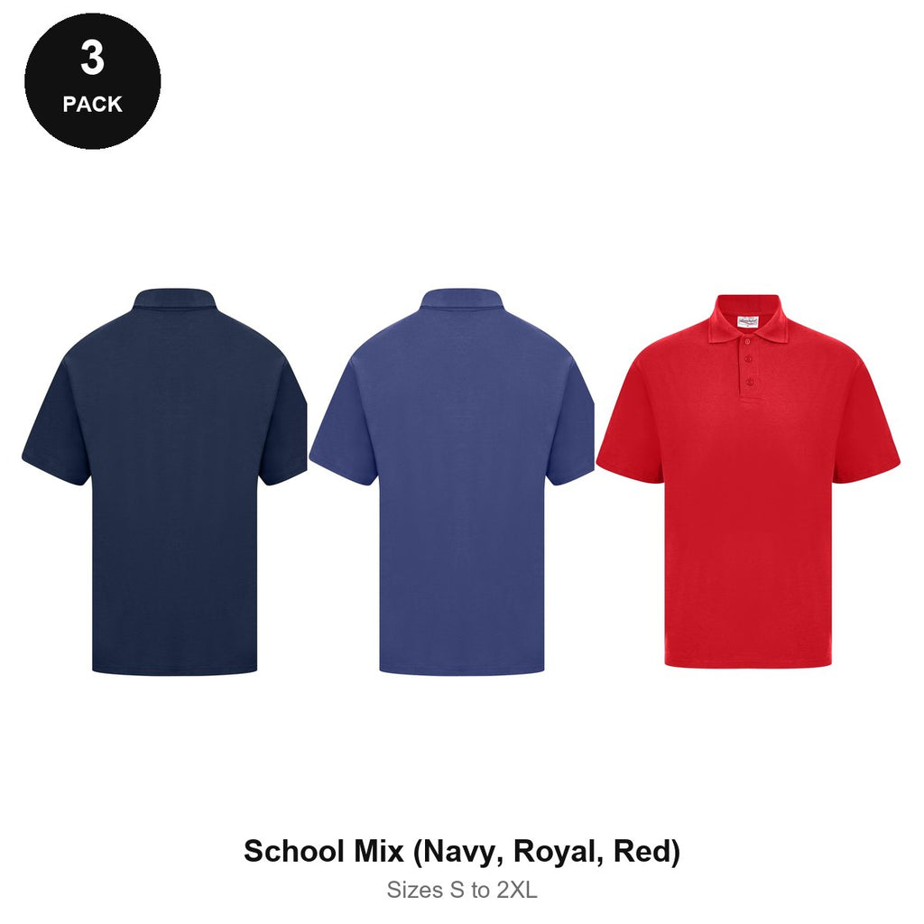 Polo Shirts 3 Pack - Cotton pique 200gsm, Sizes S-2XL - School Mix (Navy, Royal, Red)