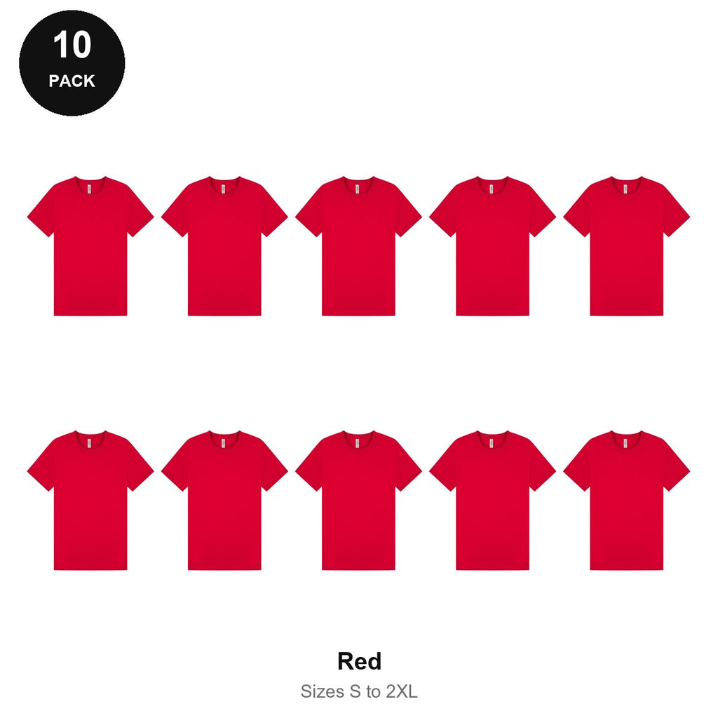 Mens Plain T-Shirts 10 Pack - 100% ringspun cotton 150gsm, Sizes S-2XL - Red