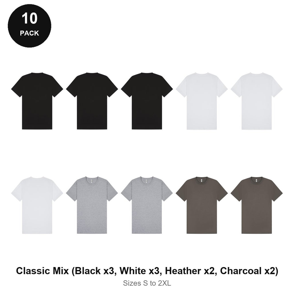 Mens Plain T-Shirts 10 Pack - 100% ringspun cotton 150gsm, Sizes S-2XL - Classic Mix (Black x3, White x3, Heather x2, Charcoal x2)