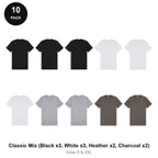 Mens Plain T-Shirts 10 Pack - 100% ringspun cotton 150gsm, Sizes S-2XL - Classic Mix (Black x3, White x3, Heather x2, Charcoal x2)