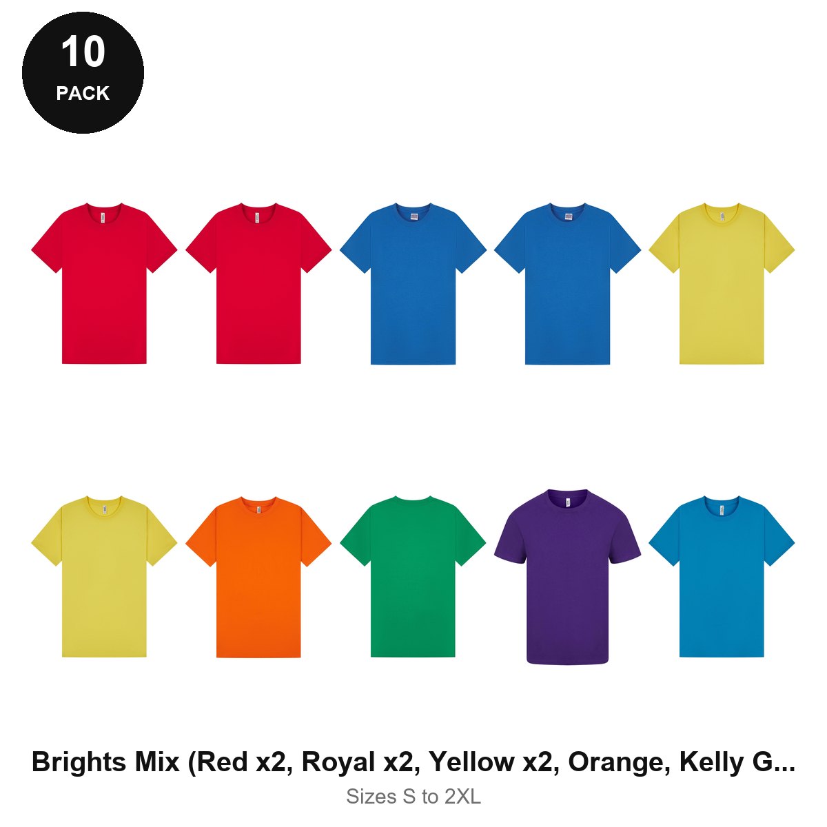 Mens Plain T-Shirts 10 Pack - 100% ringspun cotton 150gsm, Sizes S-2XL - Brights Mix (Red x2, Royal x2, Yellow x2, Orange, Kelly Green, Purple, Sapphire)