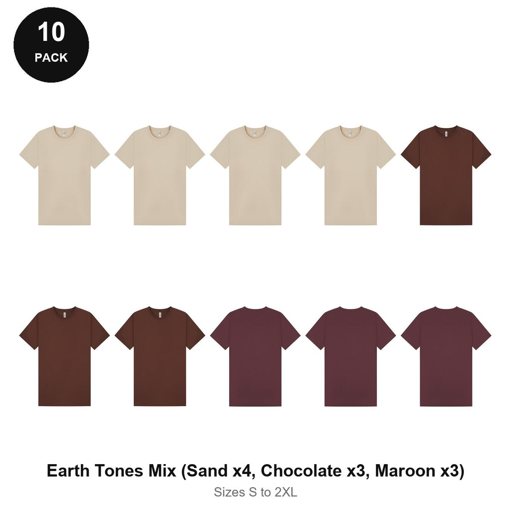 Mens Plain T-Shirts 10 Pack - 100% ringspun cotton 150gsm, Sizes S-2XL - Earth Tones Mix (Sand x4, Chocolate x3, Maroon x3)