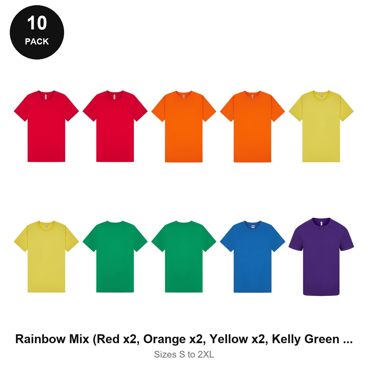 Mens Plain T-Shirts 10 Pack - 100% ringspun cotton 150gsm, Sizes S-2XL - Rainbow Mix (Red x2, Orange x2, Yellow x2, Kelly Green x2, Royal, Purple)