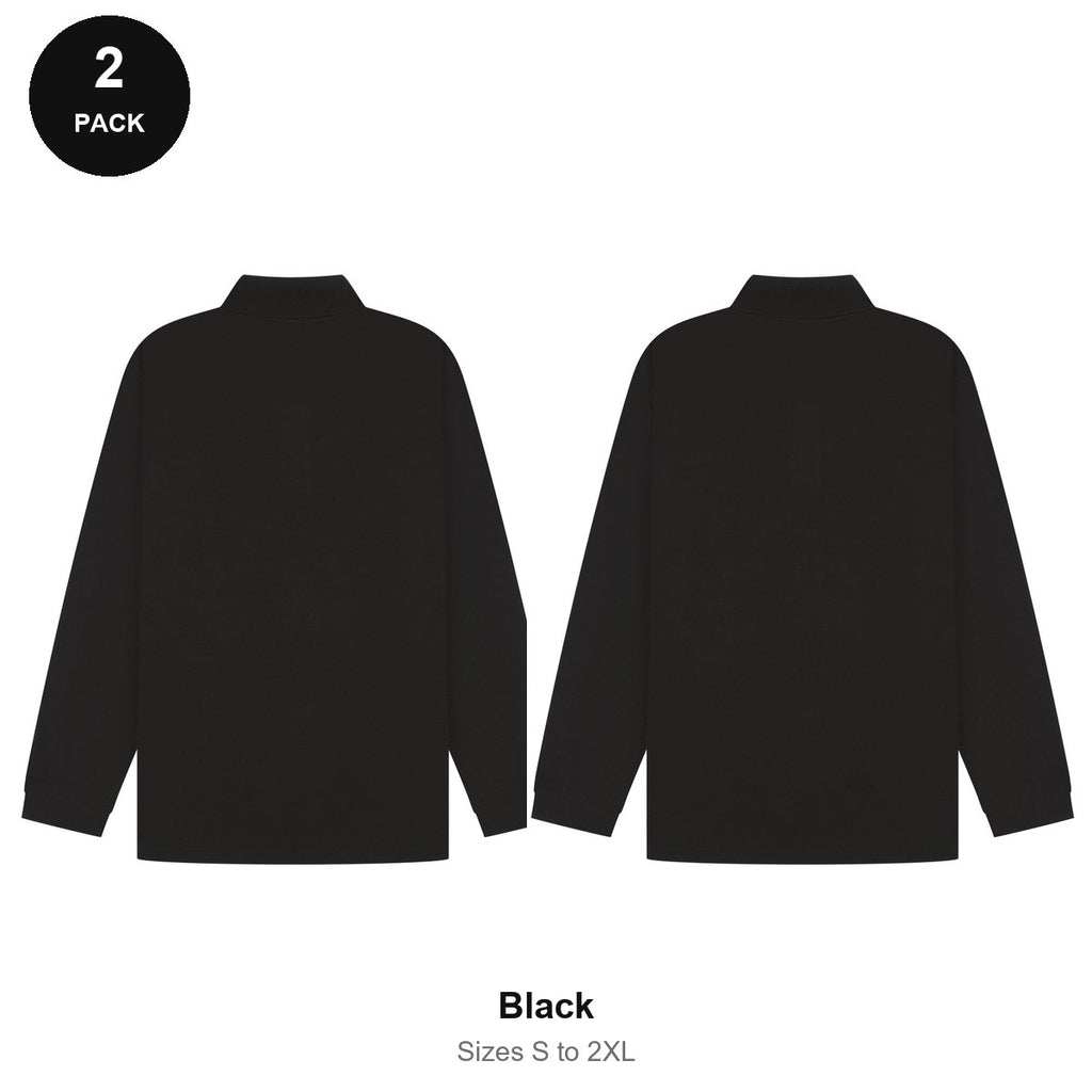 Long Sleeve Polo Shirts 2 Pack - 65% polyester / 35% cotton pique 200gsm, Sizes S-2XL - Black