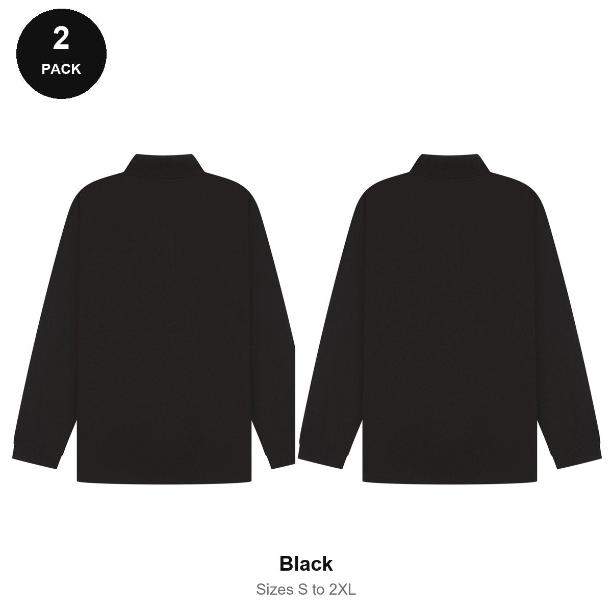 Long Sleeve Polo Shirts 2 Pack - 65% polyester / 35% cotton pique 200gsm, Sizes S-2XL - Black